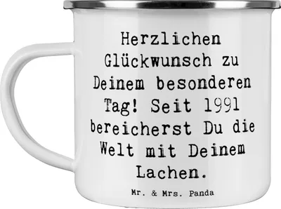 Produktbild von Mr. & Mrs. Panda Teetasse Spruch 1991 Geburtstag - Weiß - Geschenk, Geschenke, Emaille Becher, Teebecher, Alter, Glückwunsch, unvergessliche Momente, Happy Birthday, Pott