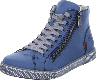 A single blue high-top sneaker with gray laces and a zipper.