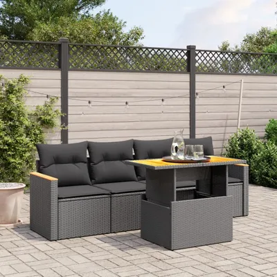 Produktbild von Design 5-tlg. Garten-Sofagarnitur mit Kissen Schwarz Poly Rattan, Gartenmöbel-Sets 2024 Neu