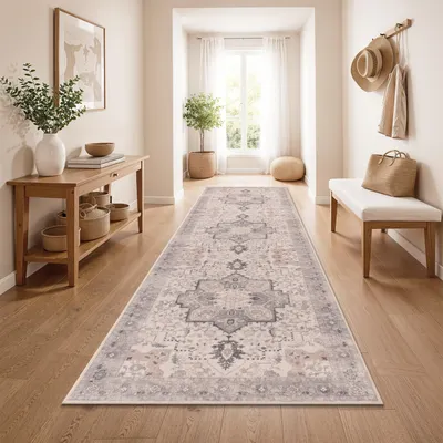 Produktbild von Vintage Boho moderner Wohnzimmerteppich Kurzflor waschbar rutschfest Beige Bunt Grösse 80x150 cm