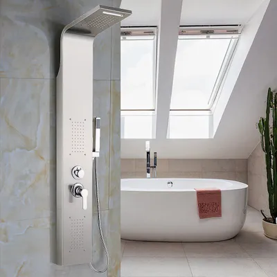 Produktbild von Duschpaneel Edelstahl mit Massagendüsen,Regendusche,Handbrause,Wasserfall Duschsäule (Gebürsteter Edelstahl)