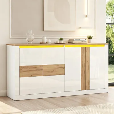 Produktbild von Merax Hochglanz Sideboard mit RGB LED Beleuchtung und 4 Türen, Kommode mit verstellbaren Einlegeböden aus MDF, App Sprachsteuerung, Wohnzimmer, Weiß
