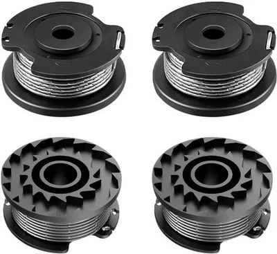 Zdjęcie produktu dla Zestaw żyłek – 4 sztuki. Żyłki do trymera/kosiarki do trawy, pasujące do modeli Bosch F016800351. Żyłka do trymera – długość: 6 m, średnica: 1,60 mm. Żyłka do koszenia trawy. Zapasowy zestaw żyłek i cewki, pasujący do kosiarek Bosch. Akcesoria do trymera