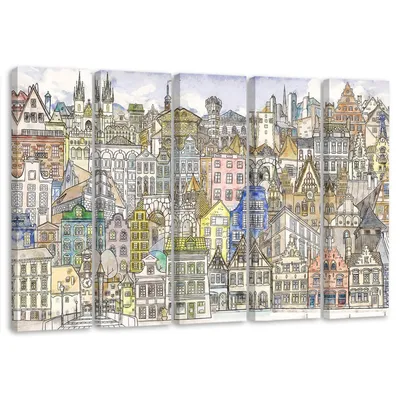 Produktbild von 5-teiliges leinwandbild fröhliche stadt 200x100 cm Feeby farbe wandbild bereit zum aufhängen