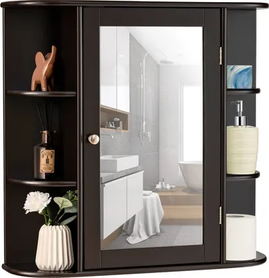 A dark brown wooden medicine cabinet with a mirror and shelves, displaying various bathroom accessories.