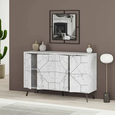 Image de Brunale - Buffet, 123x35x62h cm Blanc Marbre, 2 Étagères