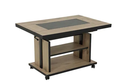 A coffee table with a wood-like finish and a dark insert on top, shown against a white background.