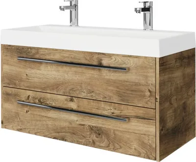 Produktbild von Pelipal Badmöbel-Set Milano BxHxT 100 x 56,9 x 45 cm Frontfarbe eiche ribbeck mit Mineralguss-Waschtisch weiß SET-138-03