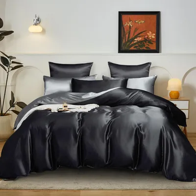 Produktbild von Satin Bettwäsche 200x200 cm Schwarz/Dunkelgrau Wendebettwäsche 3-teilig mit Reißverschluss