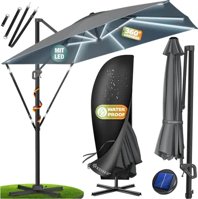 Produktbild von KESSER® Sonnenschirm Ampelschirm SUN XL 300 x 300 cm Inkl. Abdeckung +Windsicherung Drehbar Neigbar Kippbar Marktschirm Groß 360° Rotation, Gartenschirm mit Kurbel Sonnenschutz UV50+