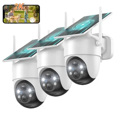 Image de 3 pièces Tout en 1 Caméra de surveillance extérieure Batterie solaire 2K 100% sans fil Caméra de surveillance extérieure avec détecteur de mouvement Vision nocturne couleur Détection IA