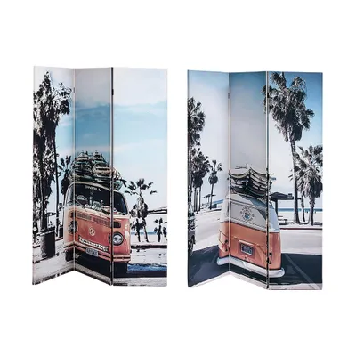 A folding room divider with a beach scene featuring a vintage van and palm trees.