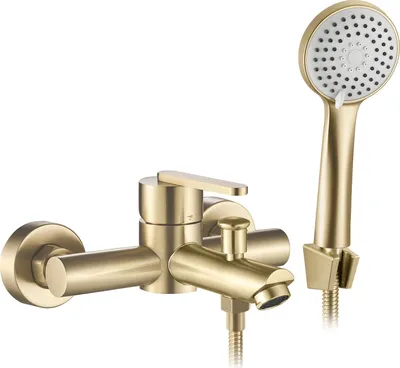 A gold-colored bathtub faucet and showerhead are shown against a white background.