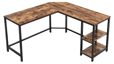 Image de Bureau d'Angle en L Style Industriel Rustique avec 2 Étagères en Panneau de Particules et Fer