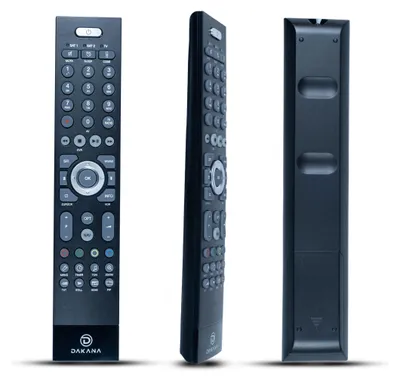 Three views of a black remote control against a white background.