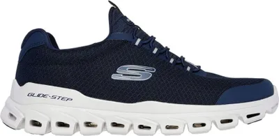 A side view of a blue Skechers sneaker on a white background.