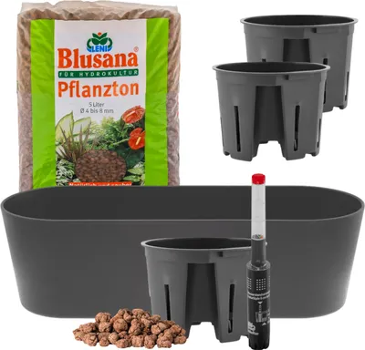 Produktbild von Leni Flori Jardiniere Blumentopf länglich 36 cm anthrazit / grau Hydrokultur-Komplett-Set mit Übertopf Hydro-Töpfen Wasserstandsanzeiger & Pflanzton
