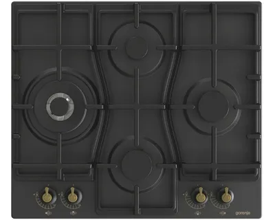 A top-down view of a black gas stovetop.