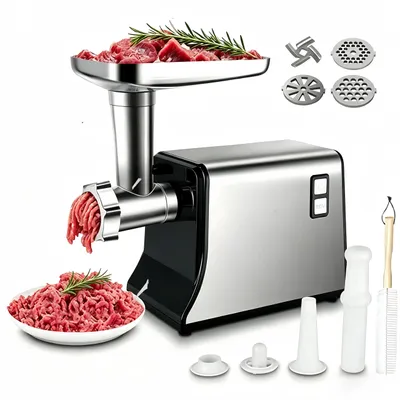 Produktbild von 3in1 Elektrischer Fleischwolf,Wurstmaschine,2800W Multi Küchenmaschine,Thermischer Schutz,mit 3 Lochscheiben,Wurstfüllrohren,Kit zur Keksherstellung