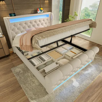 Image de OKWISH Lit Coffre 140x190 cm - Lit Double Capitonné avec LED et Ports USB Type-C - Rangement Hydraulique - Sans Matelas - Velours - Beige