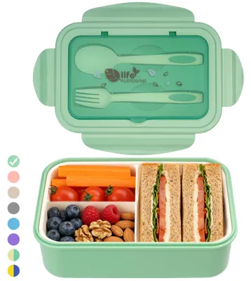 Productafbeelding van Bento-box - Lunchbox met 3 compartimenten en bestek, lekvrij - 1400 ml - Geschikt voor de magnetron - Groen