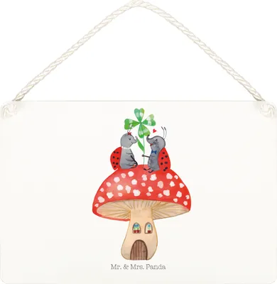 Produktbild von Mr. & Mrs. Panda Schild Marienkäfer Fliegenpilz DIN A5 - Weiß - Geschenk, kleine aufmerksamkeit, Lustige Sprüche, Fleigenpilzhaus, Wohnung, Türschild, Zuhause, Dekobrett