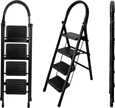 Productafbeelding van Ladder met 4 treden - Vouwladder Keukenladder - Huishoudelijk Werk - Veiligheidsvergrendeling Inklapbaar - 48x191 cm - Wit Zwart