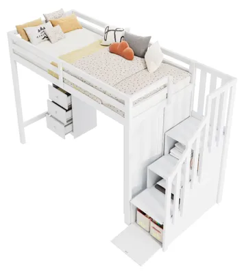 Imagen del producto de Cuna - Cama infantil multifuncional - 90 x 200 cm - Blanco - Madera - Escritorio - Armario - Escalera con cajones
