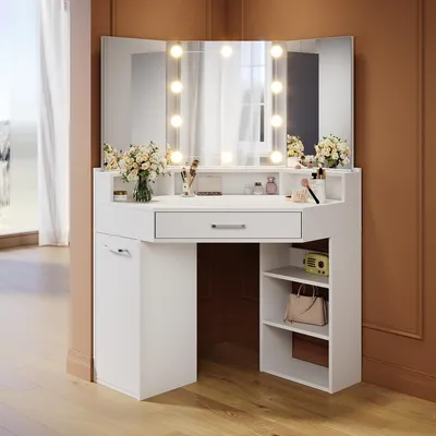 Immagine prodotto di SONNI 141,5 x 54 x 111 cm Bianco Comodino con cassetti, specchi mobili a sinistra e a destra Illuminazione a LED con luminosità regolabile