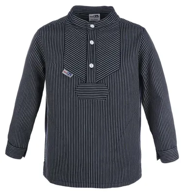 Produktbild von modAS Kinder Fischerhemd Basic Line mit Streifen im Finkenwerder-Stil - Seemann-Hemd mit Stehkragen mit schmalen Streifen blau Größe 134-140