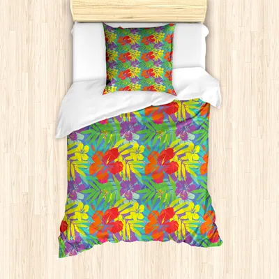 Produktbild von ABAKUHAUS Luau Mantele, Zusammenfassung Vibrant Hibiscus, Milbensicher Allergiker geeignet mit Kissenbezügen, 135 cm x 200 cm - 80 x 80 cm, Mehrfarbig