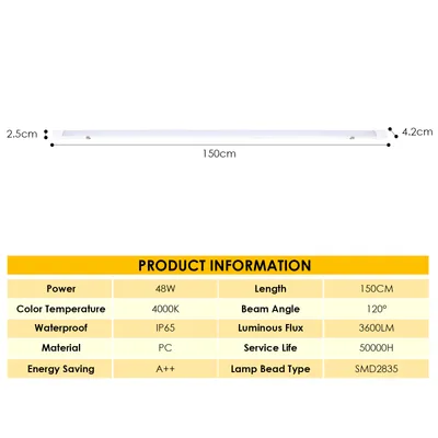 Produktbild von TolleTour 48W LED Feuchtraumleuchte Wannenleuchte 150cm 4000K Neutralweiß IP65 Wasserdicht Werkstattlampe Wasserfest Kellerlampe