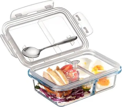 Obrázok produktu pre Sklenená obedová krabička – 0,6 l – 2 priehradky – obdĺžniková