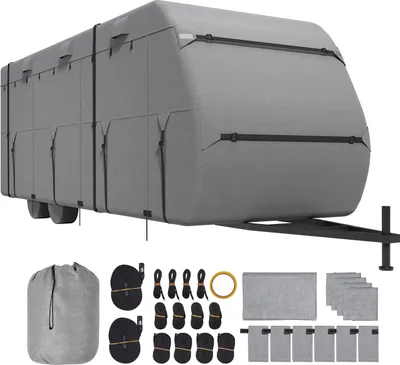 Immagine prodotto di SucceBuy copertura per caravan, copertura per camper da 24-27 piedi, tessuto non tessuto a 4 strati, impermeabile e antivento, ripstop, classe A, con sacca di stoccaggio, toppe, cinghie e copri pneumatici