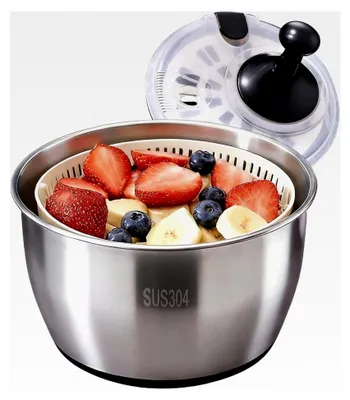 Produktbild von Salatschleuder aus Edelstahl 5L - Mit Stopp-Taste & spülmaschinenfest - BPA-frei mit transparentem Deckel, Ablaufloch & rutschfestem Boden