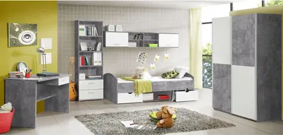 Produktbild von Jugendzimmer Lupo Schrank Bett Regal Schreibtisch Beton grau und weiß