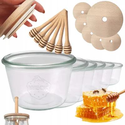 Produktbild von WECK Honiggläser Set 6 Stück 370ml mit Holzdeckel und Honigheber