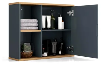 Produktbild von Badezimmer-Wandschrank mit Spiegel, Holz-Toilettenschrank, Aufbewahrungseinheit mit verstellbarem Regal, 60 x 20 x 52 cm, Grau
