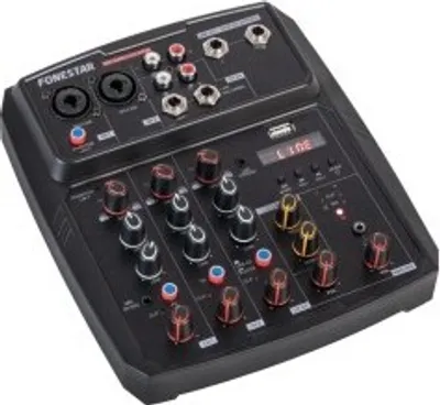Produktbild von Fonestar MIX-4LIVE: Mischpult mit Streaming, PC-Soundkarte und Bluetooth/USB, 2 Mono-Kanäle, 1 Stereo-Kanal.
