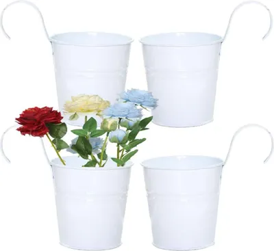 Produktbild von Hängender Blumentopf, 4 Stück, Blumentöpfe mit Haken, Blumenvasen, Hängetöpfe, metallene Blumenemmer zum Aufhängen, Haken, Blumentopf, Balkon, Zierpot, dekorative Blumenkästen mit Abflussloch, abnehmbarer Haken