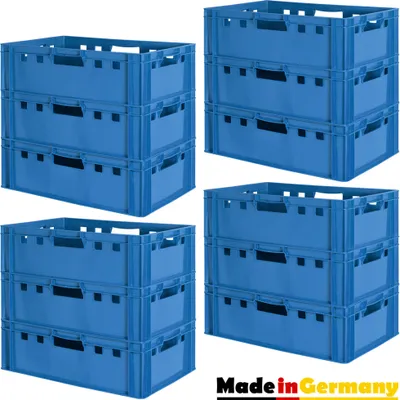 Produktbild von 12 Stück E2 Fleischkisten Kisten Eurobox Lebensmittelecht Metzgerkiste Box Aufbewahrungsbox Kunststoff Wanne Plastik Stapelbar Lagerkisten 60 x 40 Blau Kingpower