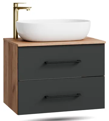 Produktbild von Planetmöbel LUX Badmöbel-Set Waschtisch mit Unterschrank 70 cm hängend Gold Eiche/Anthrazit inkl. Aufsatz-Waschbecken 60 cm Weiß