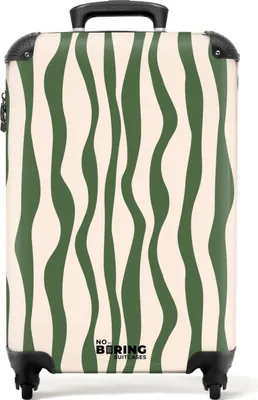 Produktbild von NoBoringSuitcases.com Hartschalen Handgepäck Koffer 55x35x20 cm, 36L, Bunte Drucke für Frauen: Beige mit grünen Linien, Reisekoffer mit 4 Rollen