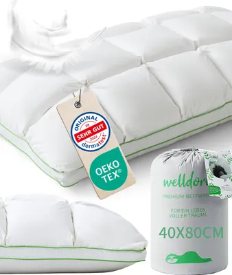 A collage of images showing a white pillow, a tag with certifications, and a cylindrical packaging for the pillow.