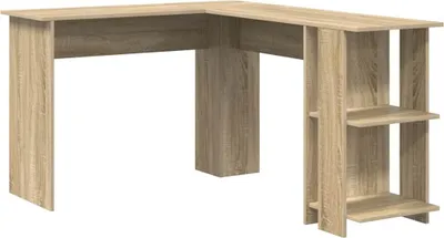 A light brown L-shaped desk with shelves on one side, shown against a white background.