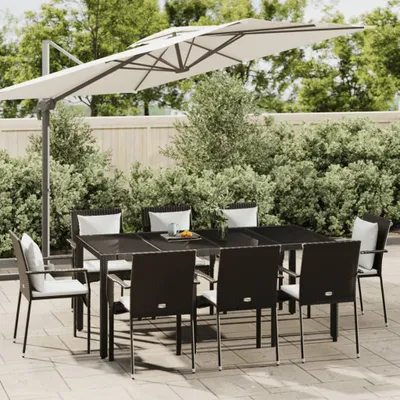 Immagine prodotto di set da pranzo da giardino 9 pezzi con cuscini nero poly rattan, set di mobili da giardino design 2024