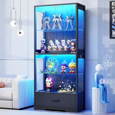 Produktbild von BROTTAR 64,7" Vitrinenschrank Schwarz mit Glastür und Schublade, 3-Farben-LED, Bewegungssensor, 4 Ebenen mit verstellbaren Glasböden, Schwarz