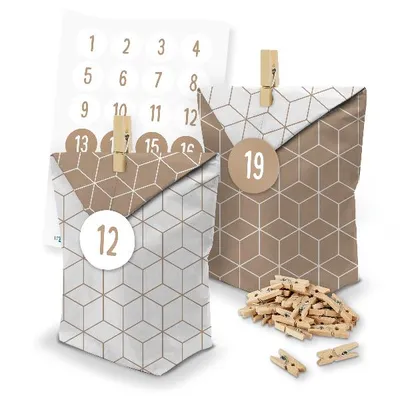 Produktbild von itenga SET Adventskalender 24 x Tüten Geometrie + Klammern + Zahlensticker (Z32)