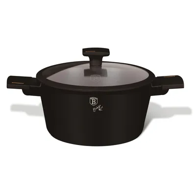 A black pot with a glass lid and handles, shown from the front on a white background.