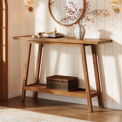 Immagine prodotto di Tavolino da ingresso in legno massello, largo 105 cm, tavolino rustico con ripiano, tavolino da ingresso stretto a due ripiani, per corridoio e zona d'ingresso
